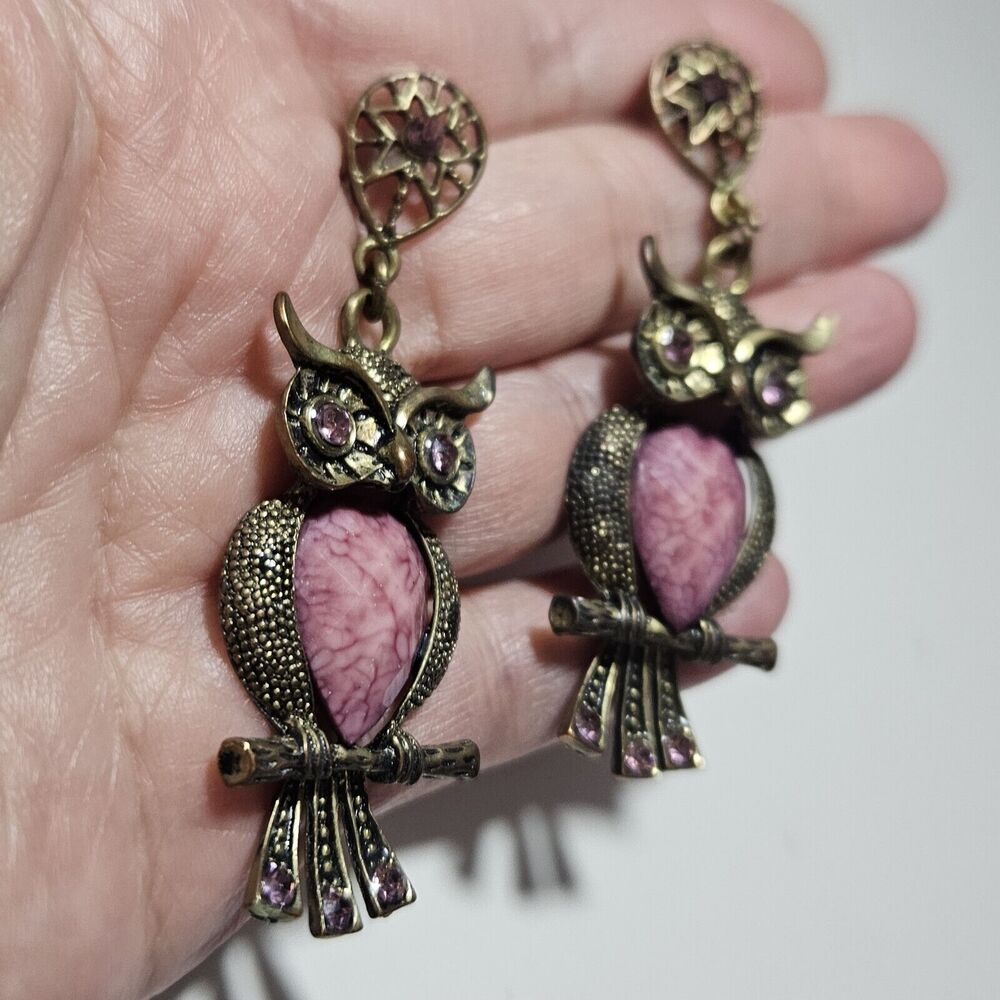 Gold Tone Dangling Owl With Purple Earrings - Picture 8 of 11